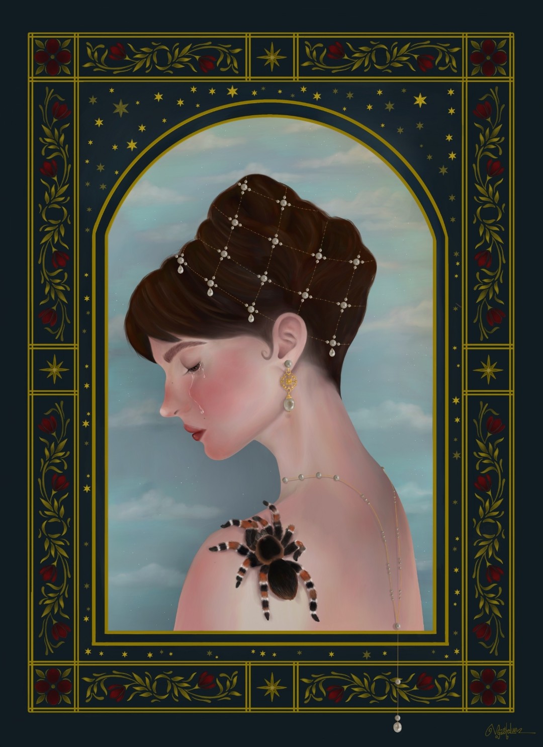 Celestial woman in profile with tarantula on shoulder, ornate dark floral frame