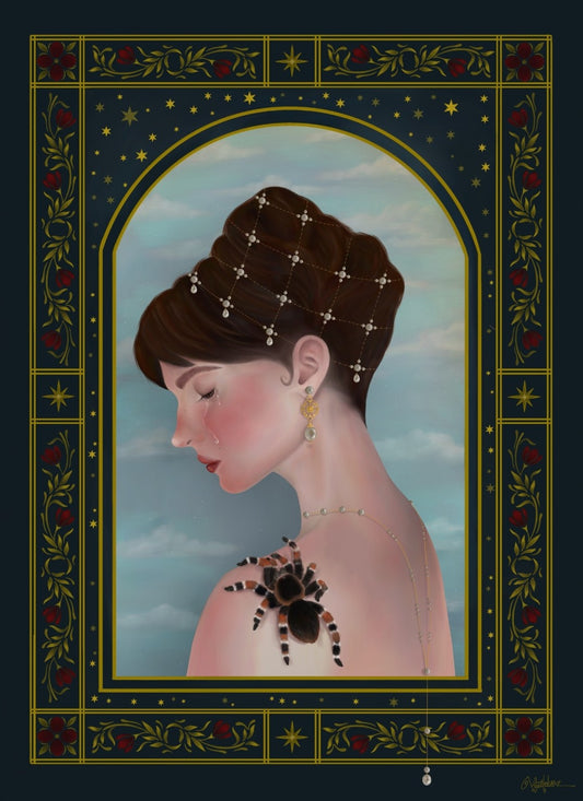 Celestial woman in profile with tarantula on shoulder, ornate dark floral frame